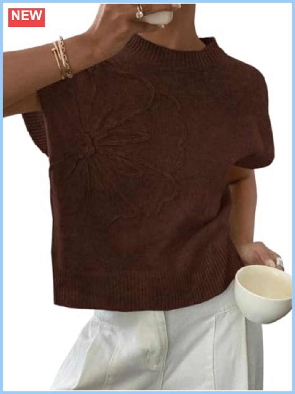 Womens Floral Short Sleeve Lightweight Knit Sweater Top Business Casual